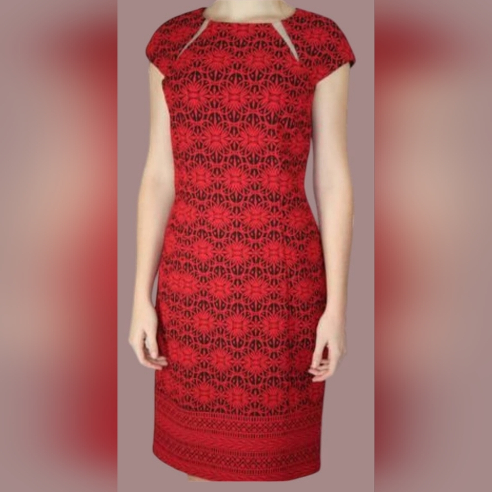 Joseph Ribkoff Jacquard Abstract Floral Red & Black Midi Cocktail Dress Sheath